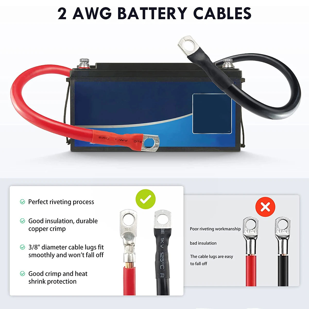 2Pcs 2 Gauge Battery Cable 60cm Copper Power Inverter Wire Cable with 3/8'' Lugs Durable Inverter Cable for Car Marine Solar RV-BeeSpareParts
