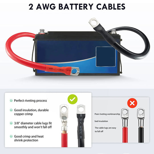 2Pcs 2 Gauge Battery Cable 60cm Copper Power Inverter Wire Cable with 3/8'' Lugs Durable Inverter Cable for Car Marine Solar RV-BeeSpareParts
