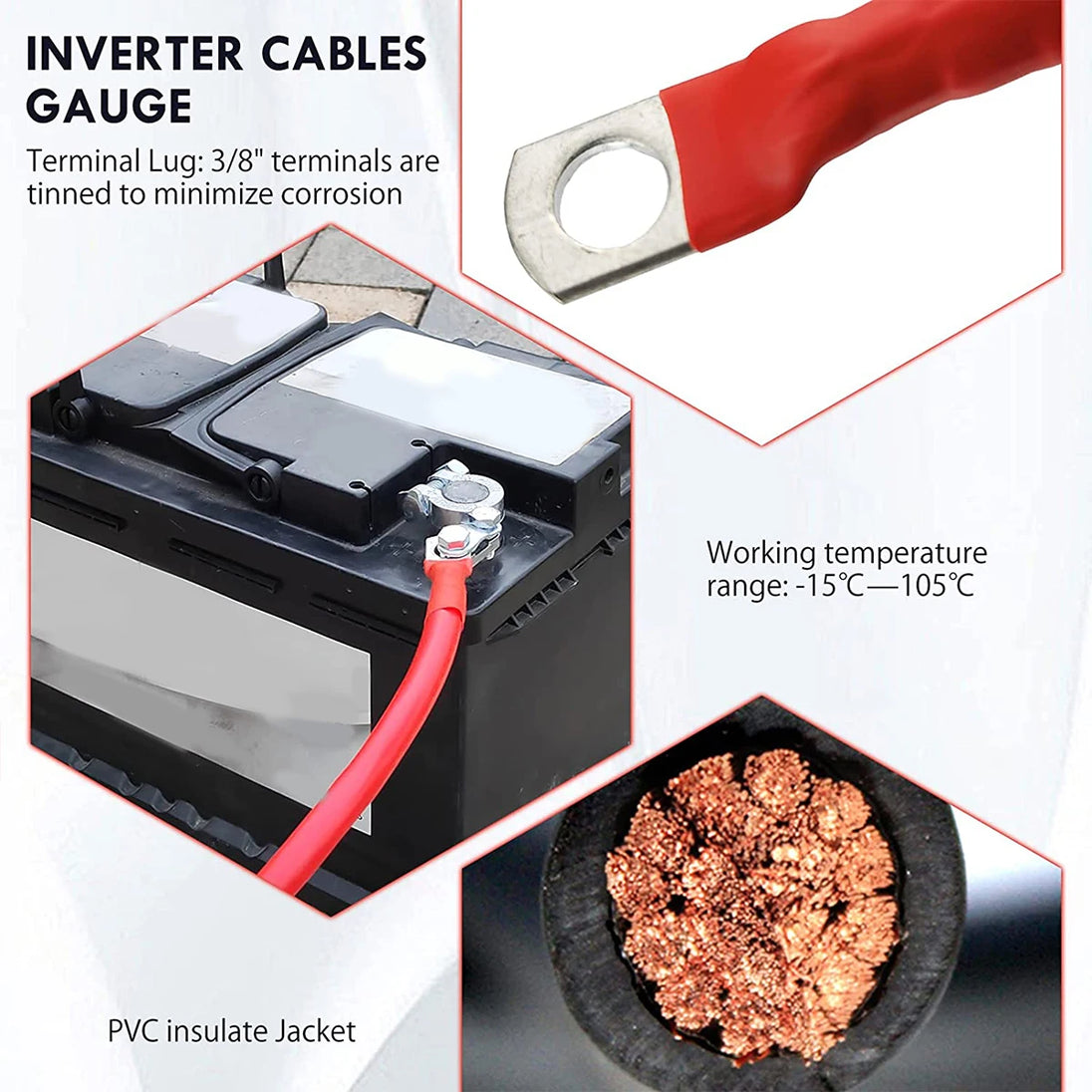 2Pcs 2 Gauge Battery Cable 60cm Copper Power Inverter Wire Cable with 3/8'' Lugs Durable Inverter Cable for Car Marine Solar RV-BeeSpareParts