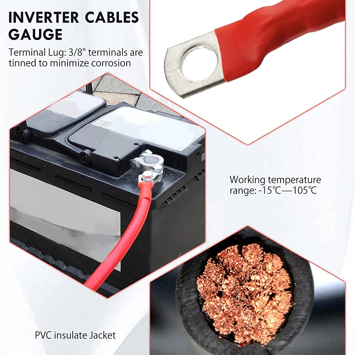 2Pcs 2 Gauge Battery Cable 60cm Copper Power Inverter Wire Cable with 3/8'' Lugs Durable Inverter Cable for Car Marine Solar RV-BeeSpareParts
