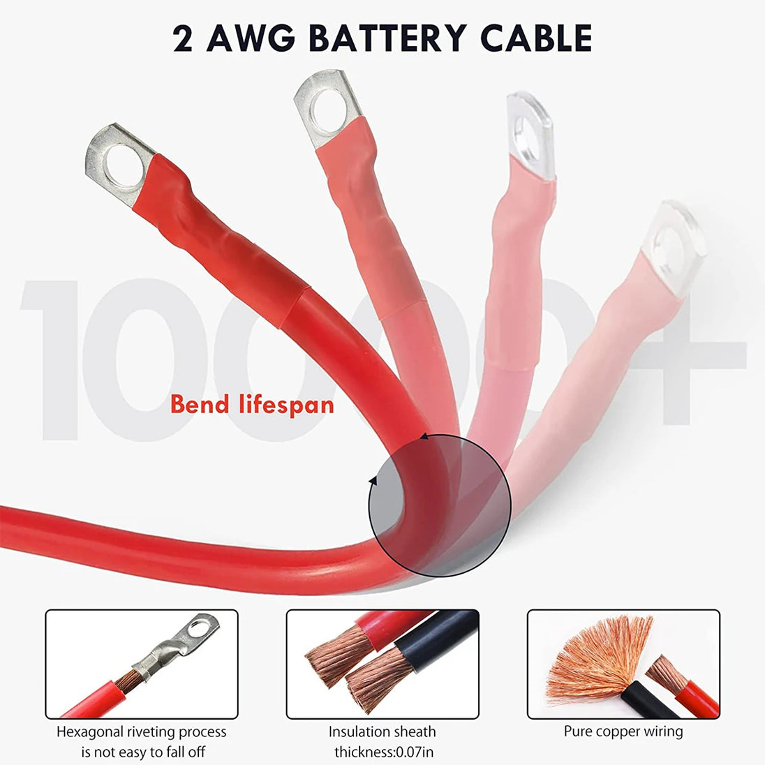 2Pcs 2 Gauge Battery Cable 60cm Copper Power Inverter Wire Cable with 3/8'' Lugs Durable Inverter Cable for Car Marine Solar RV-BeeSpareParts