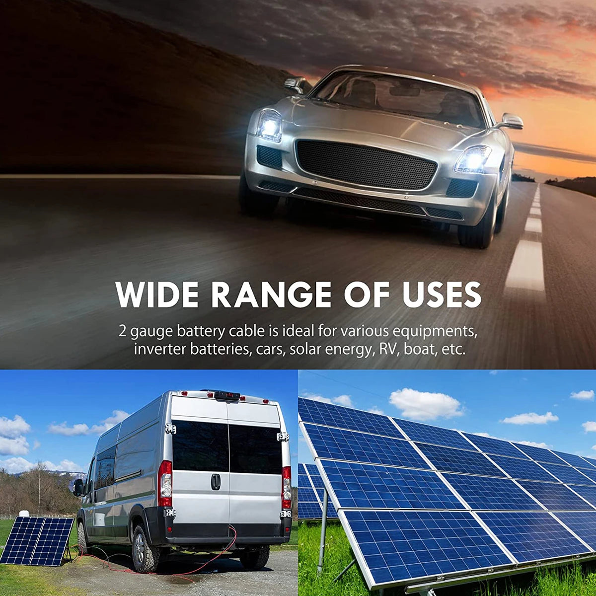 2Pcs 2 Gauge Battery Cable 60cm Copper Power Inverter Wire Cable with 3/8'' Lugs Durable Inverter Cable for Car Marine Solar RV-BeeSpareParts