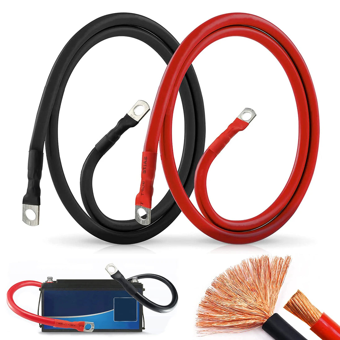 2Pcs 2 Gauge Battery Cable 60cm Copper Power Inverter Wire Cable with 3/8'' Lugs Durable Inverter Cable for Car Marine Solar RV-BeeSpareParts