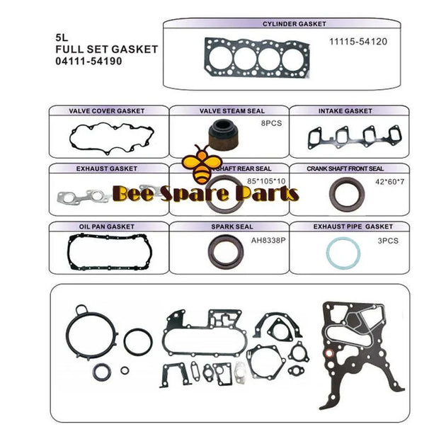 5L Engine Full gasket set kit for Toyota Hiace III II /Hilux II /Dyna 2986cc 3.0L 51009400 04111-54094 9952864 04111-54106-商业/工业-BeeSpareParts