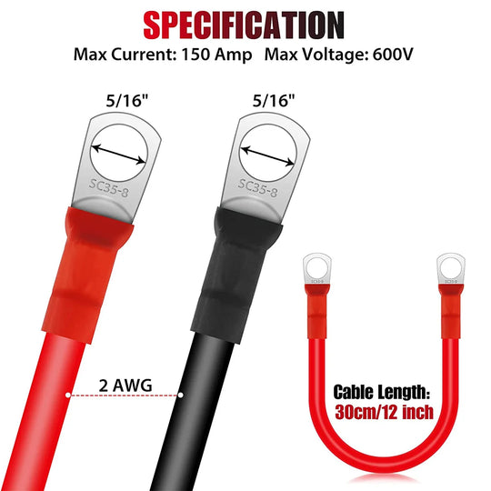 Battery Inverter Cable Set with Terminals 12V 2AWG Car Battery Connection Line Cable Stranded Copper Cord red black wire-BeeSpareParts