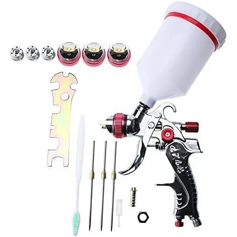 HVLP Gravity Feed Air Spray Gun with 3 Nozzles 1.4mm 1.7mm 2.0mm, Air Paint Kits with 600cc Cup for Home Domestic/Industrial Primer, Furniture Surface Painting, Coatings Spraying (Red Color)-BeeSpareParts
